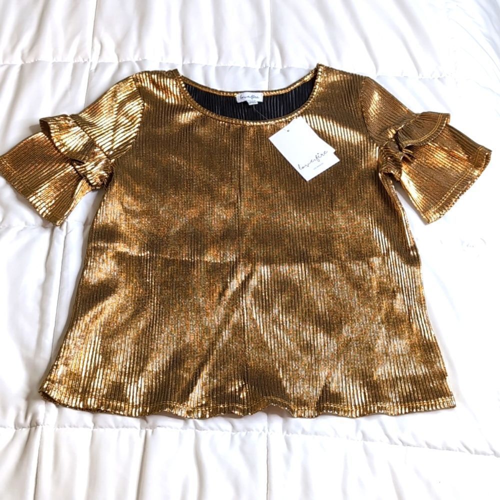 Love Fire Girls Large Gold Ruffle Sleeve Blouse, NEW